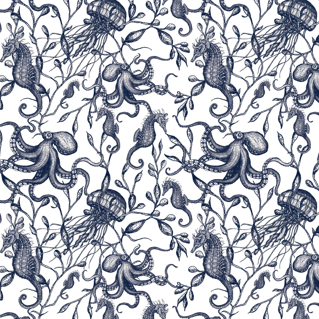 Seamless repeat pattern from Cream Cornwall featuring detailed navy illustrations of marine life on an off-white background. The design includes seahorses, octopuses, jellyfish, and flowing seaweed, intricately drawn in a traditional engraving style, creating a timeless coastal aesthetic.