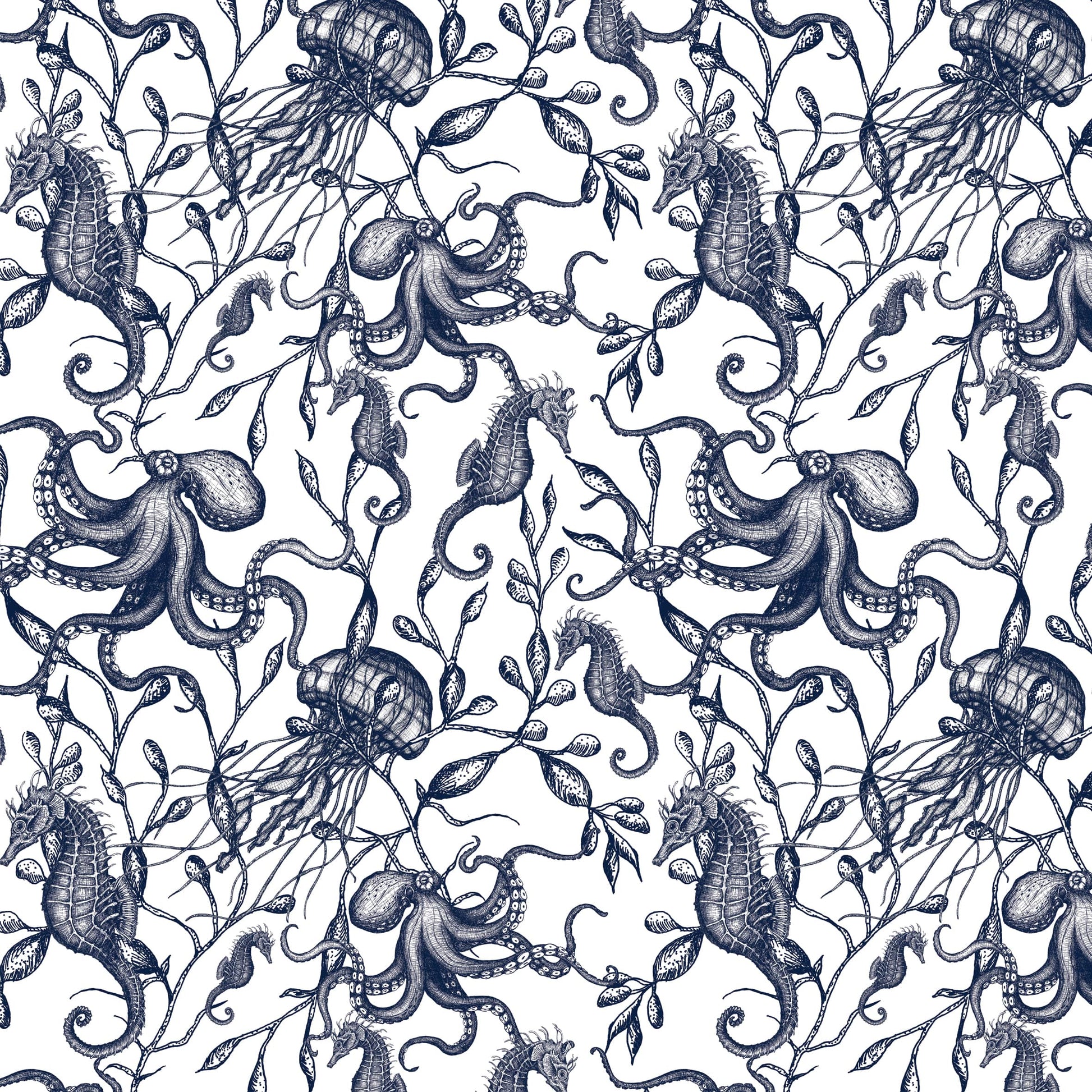 Seamless repeat pattern from Cream Cornwall featuring detailed navy illustrations of marine life on an off-white background. The design includes seahorses, octopuses, jellyfish, and flowing seaweed, intricately drawn in a traditional engraving style, creating a timeless coastal aesthetic.