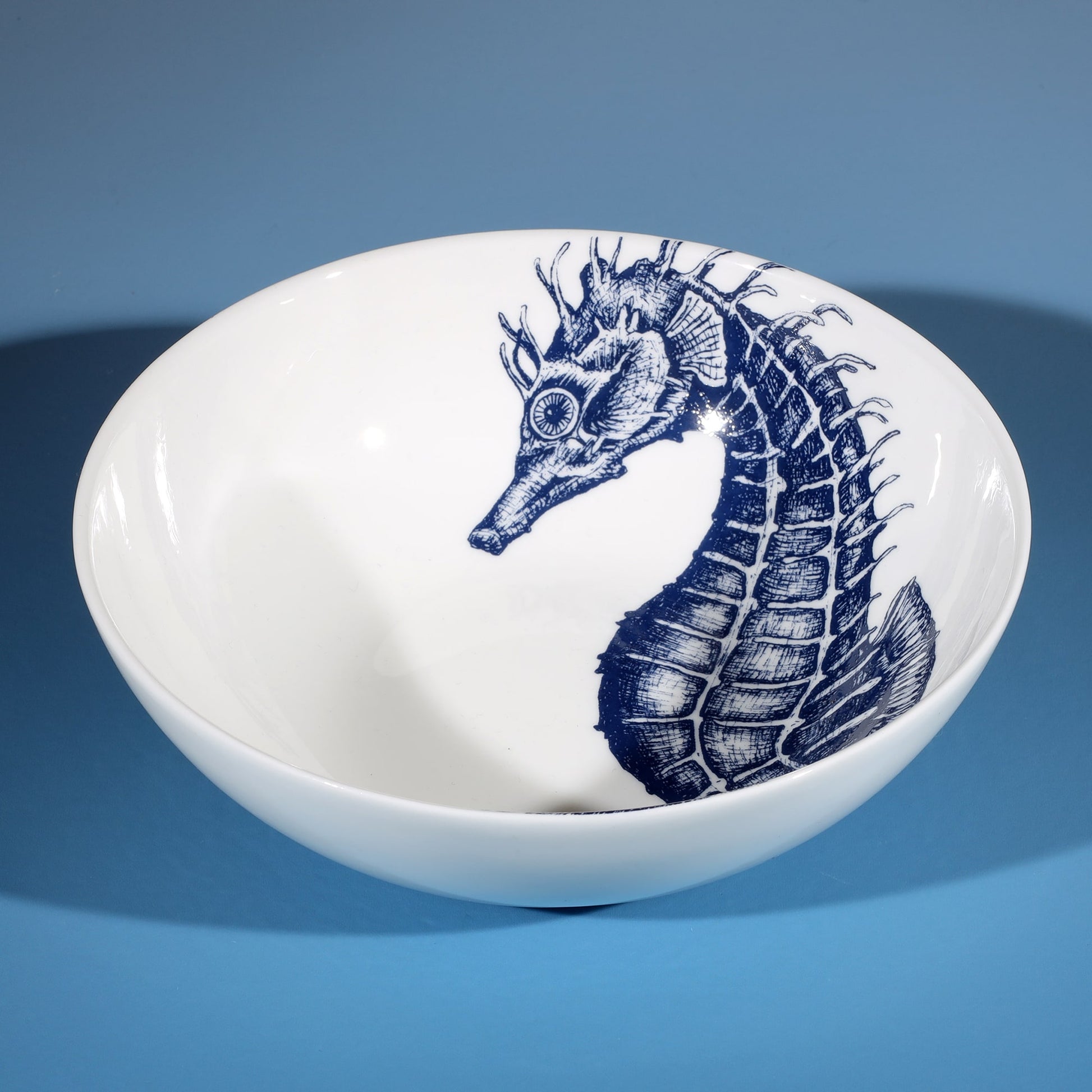Bowl in Bone China in our Classic range in Navy and white in the Seahorse design
