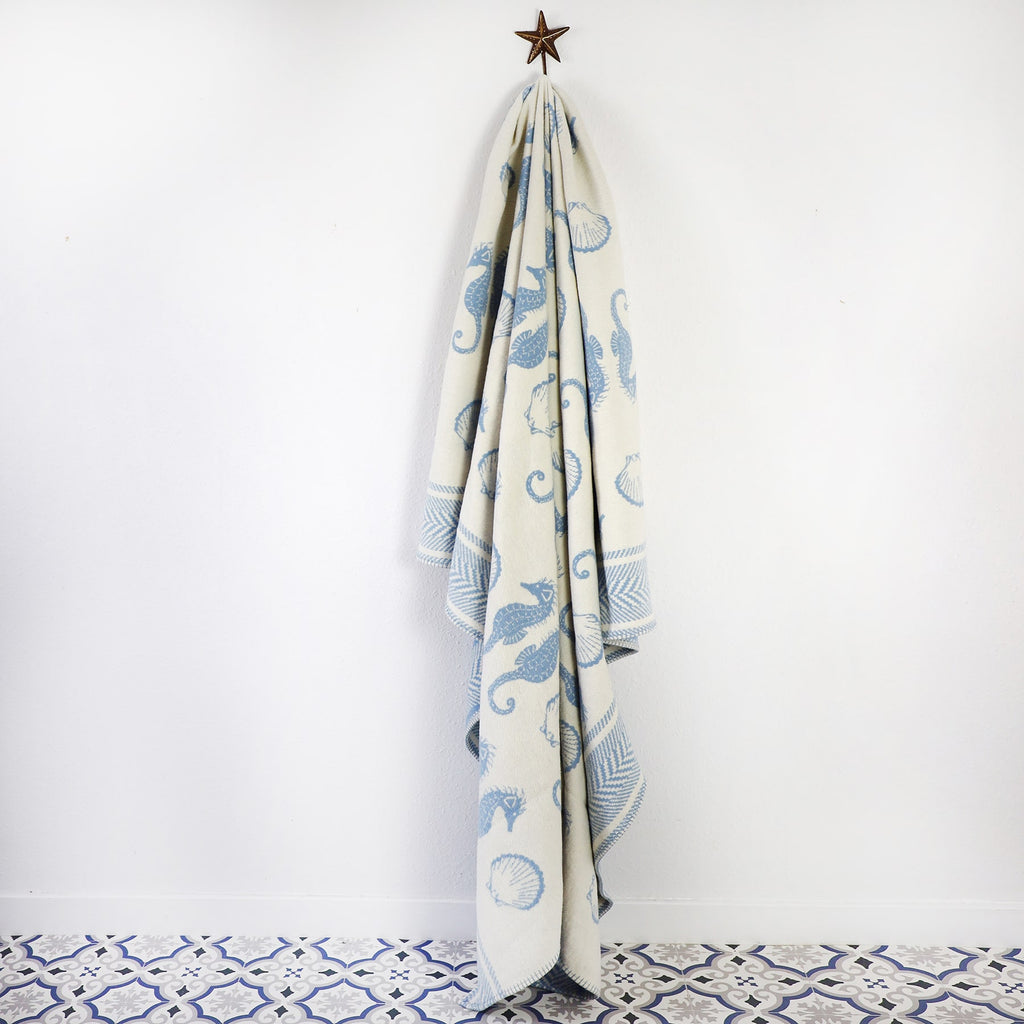 Reversible Seahorse Throw - Soft Blue & Ecru -Homeware- Cream Cornwall