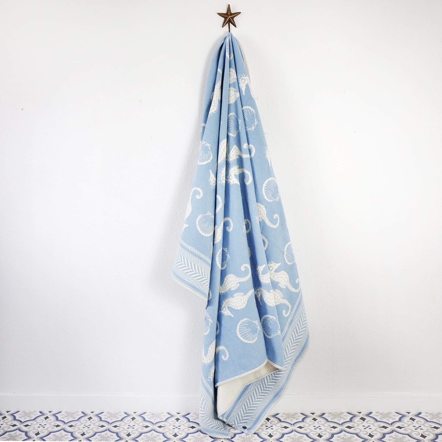 Reversible Seahorse Throw - Soft Blue & Ecru -Homeware- Cream Cornwall