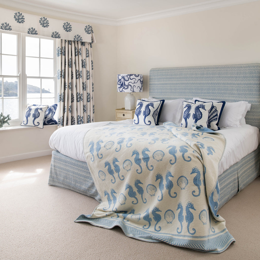 Reversible Seahorse Throw - Soft Blue & Ecru -Homeware- Cream Cornwall