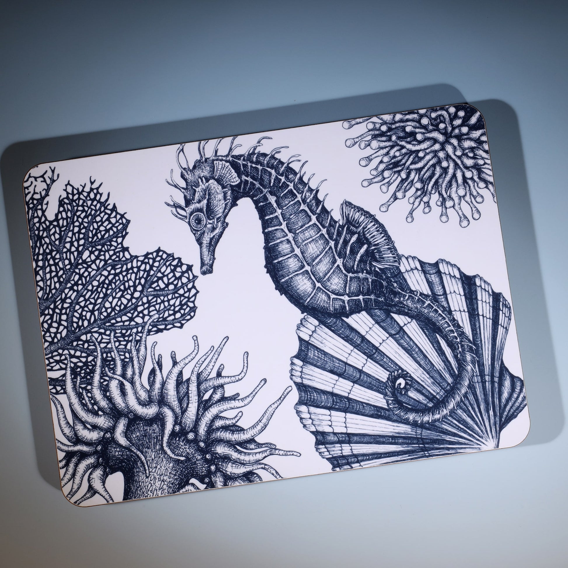 Seahorse  Design in Navy on a white Coaster