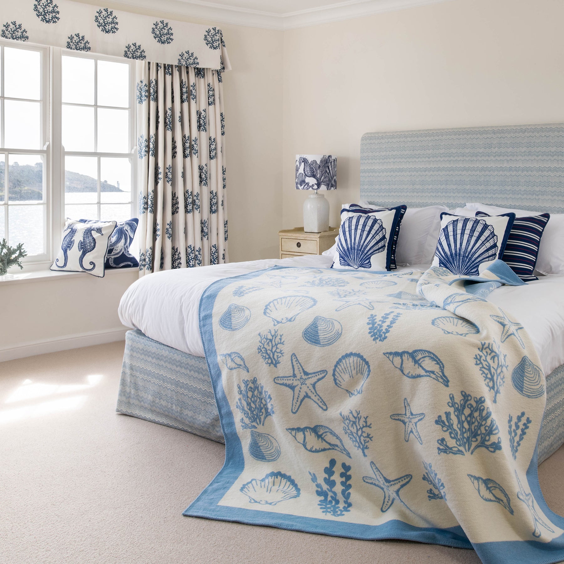 Reversible Shell Throw - Soft Blue & Ecru -Homeware- Cream Cornwall