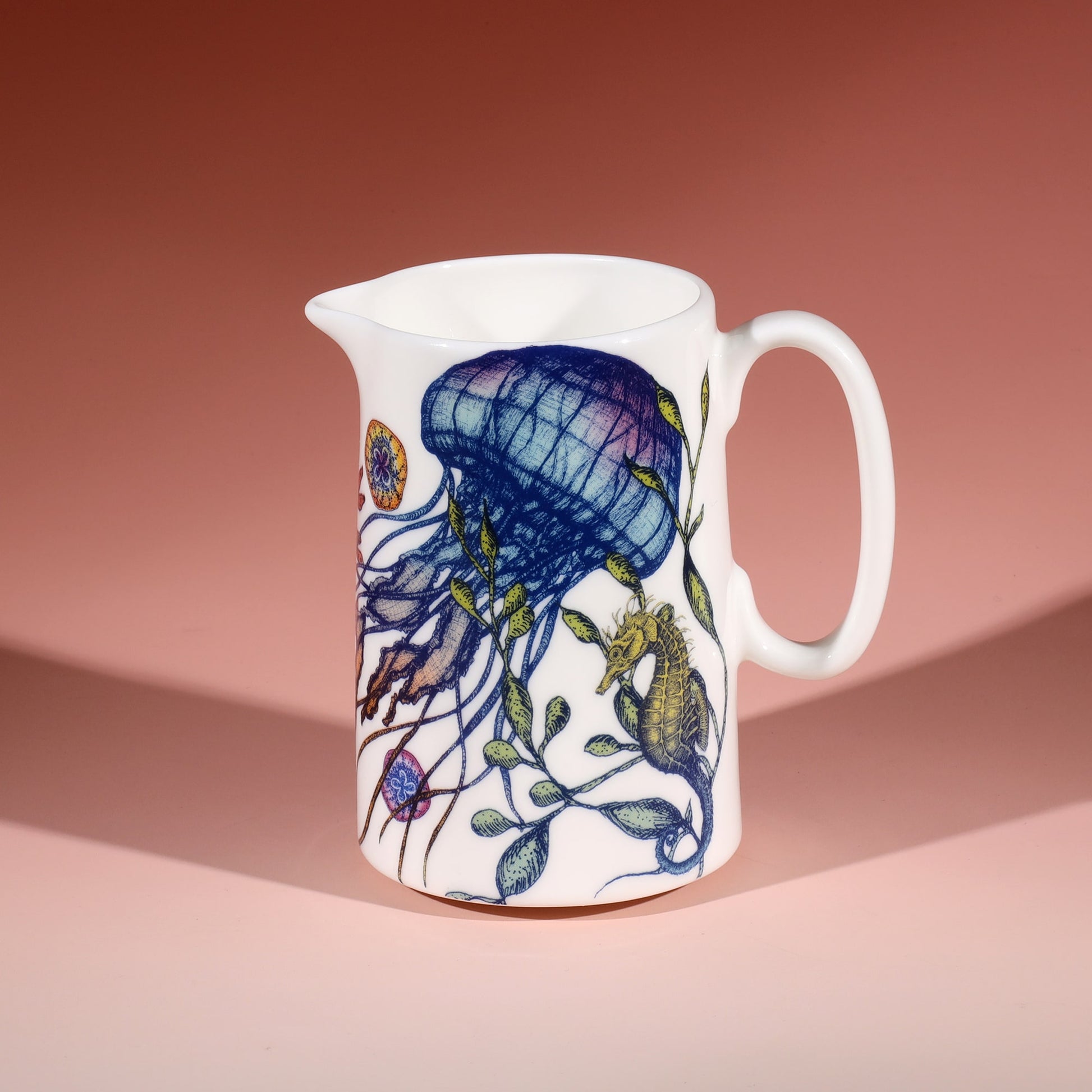 Close up of Small Bone China Reef Jug showing Jellyfish,seahorse swimming inthe seaweed design