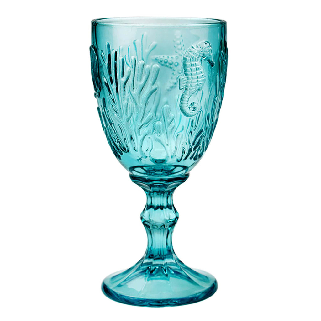 Teal coloured goblet with embossed sea creatures in the glass